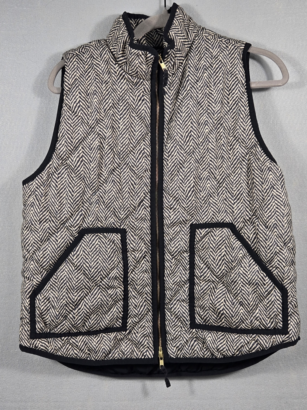 J. Crew Factory Black and Cream Herringbone Quilted Vest